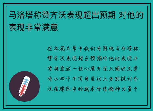 马洛塔称赞齐沃表现超出预期 对他的表现非常满意